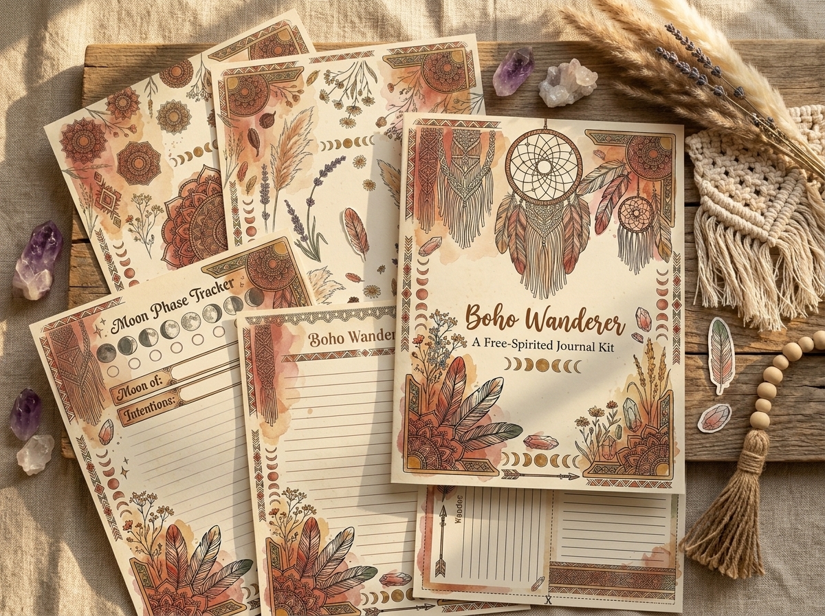Boho Wanderer printable journal kit lifestyle mockup